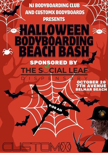 Halloween Bodyboarding Beach Bash poster — October 28, 9:00 AM, 7th Avenue Belmar Beach, sponsored by The Social Leaf